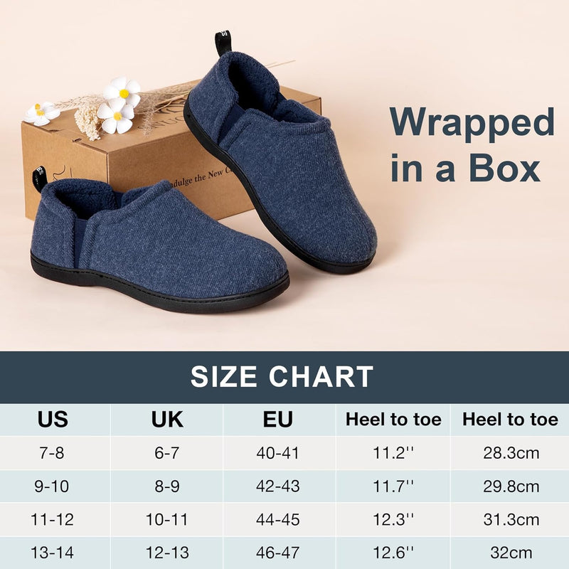 Blaue Hausschuhe aus Stoff, rutschfeste Sohle, Geschenkbox, Größenangaben, bequem.