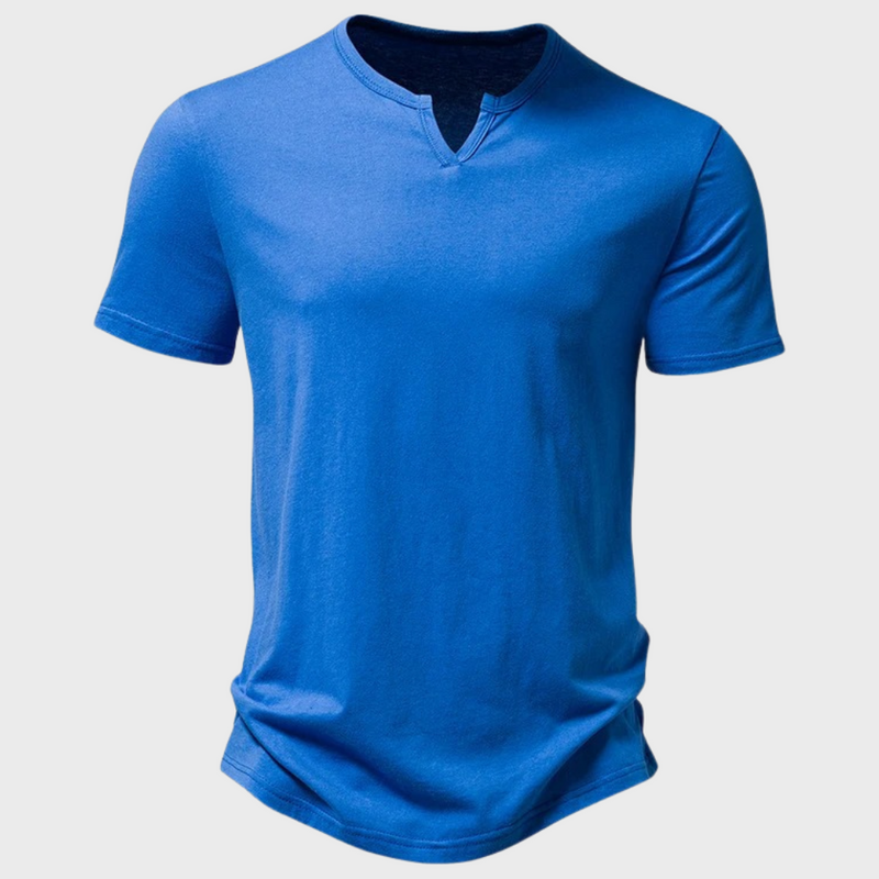 Blaues Herren-T-Shirt, Baumwolle, V-Ausschnitt, kurzärmelig, modisch, bequem.