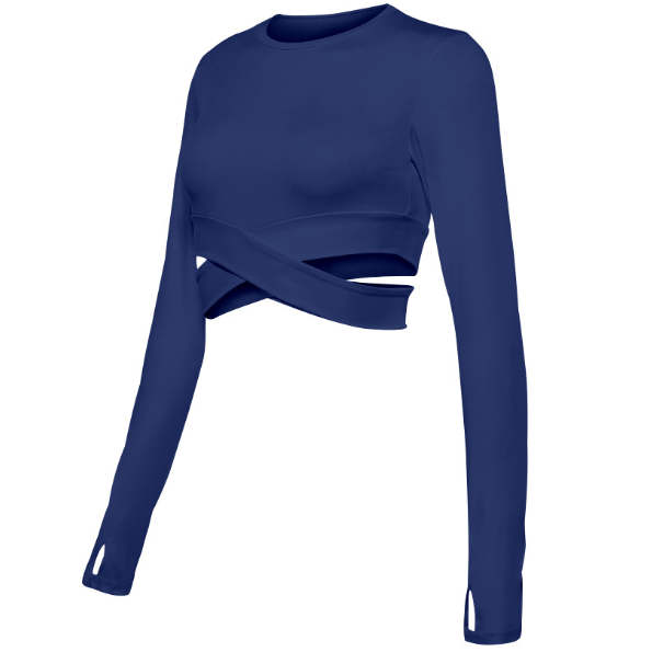 Blaues Langarm-Crop-Top mit überkreuztem Design, Damenmode, eleganter Freizeitstil.