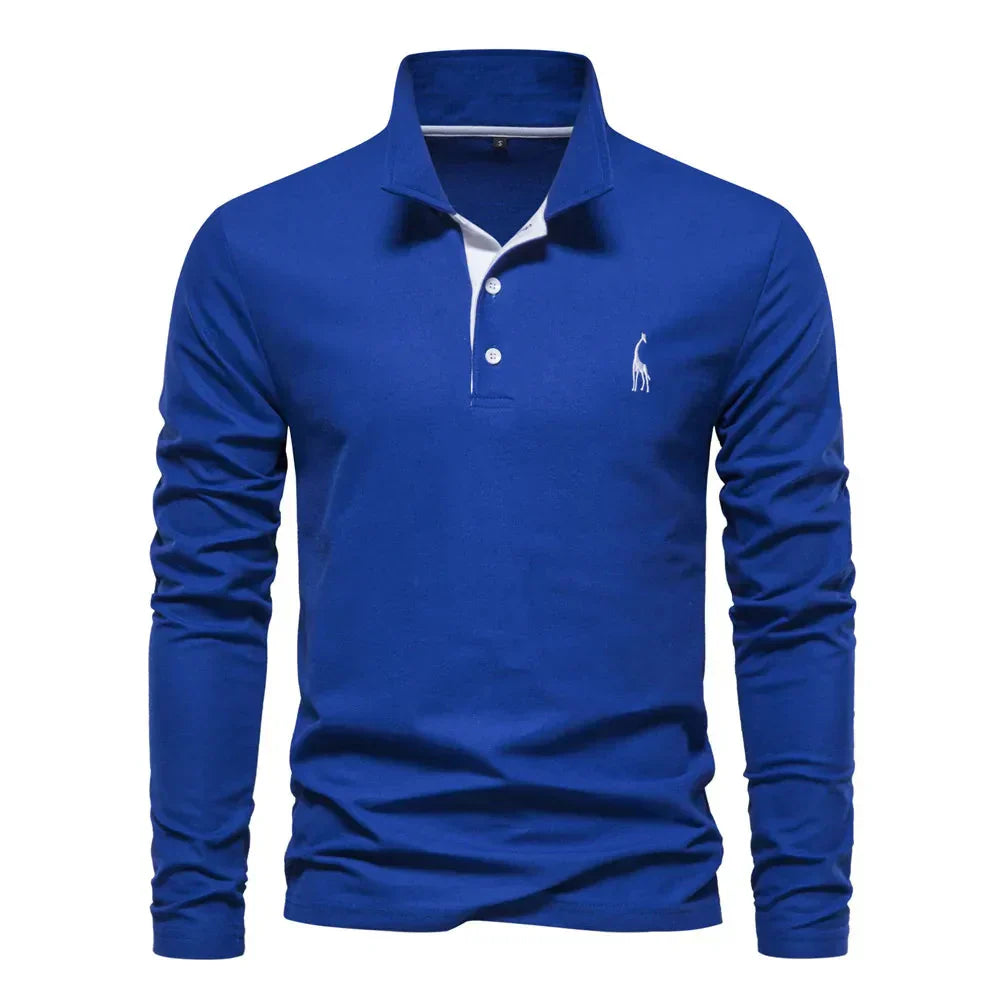 Blaues Herren-Poloshirt, Langarm, Baumwolle, klassischer Kragen, Knopfleiste, Stickerei.