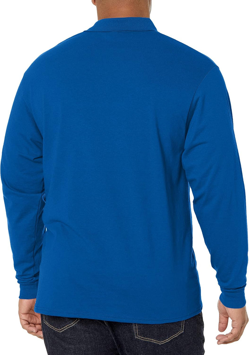 Blaues Langarm-Poloshirt aus Baumwolle, Herrenmode, Rückansicht, Freizeitkleidung.