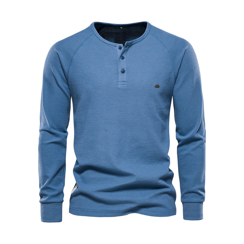 Blaues Herren-Henley-Shirt, Langarm, Baumwolle, Knopfleiste, Freizeitmode, bequem.