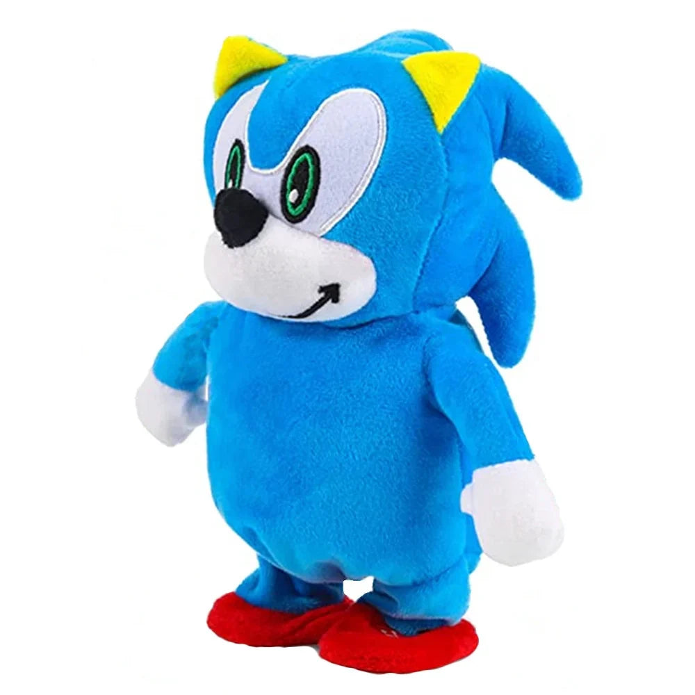 Blaues Plüschtier, inspiriert von einem bekannten Videospielcharakter, mit roten Schuhen.