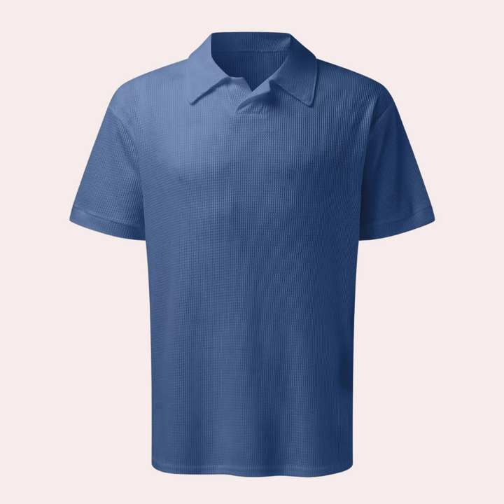 Blaues Herren-Poloshirt, kurzärmelig, Baumwolle, klassischer Kragen, Freizeitmode.