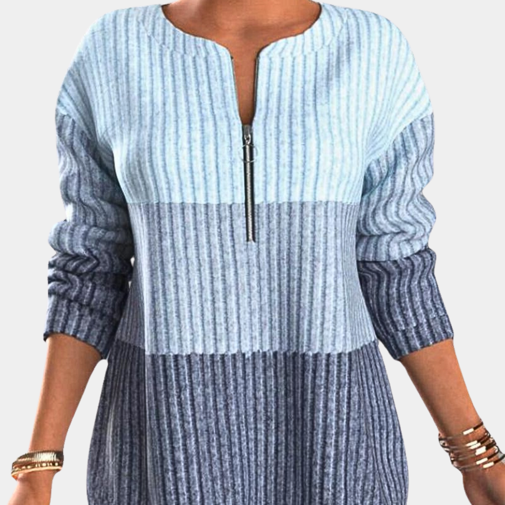 Damen-Pullover, blau gestreift, Reißverschluss, langärmelig, Strickmode, Herbstkleidung.