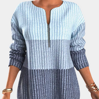 Damen-Pullover, blau gestreift, Reißverschluss, langärmelig, Strickmode, Herbstkleidung.