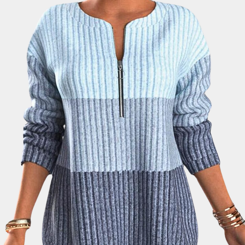 Damen-Pullover, blau gestreift, Reißverschluss, langärmelig, Strickmode, Herbstkleidung.