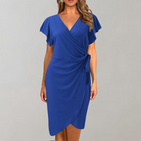 Damen Sommerkleid Blau, Wickeloptik, Kurzarm, V-Ausschnitt, Elegante Mode, Freizeitkleidung