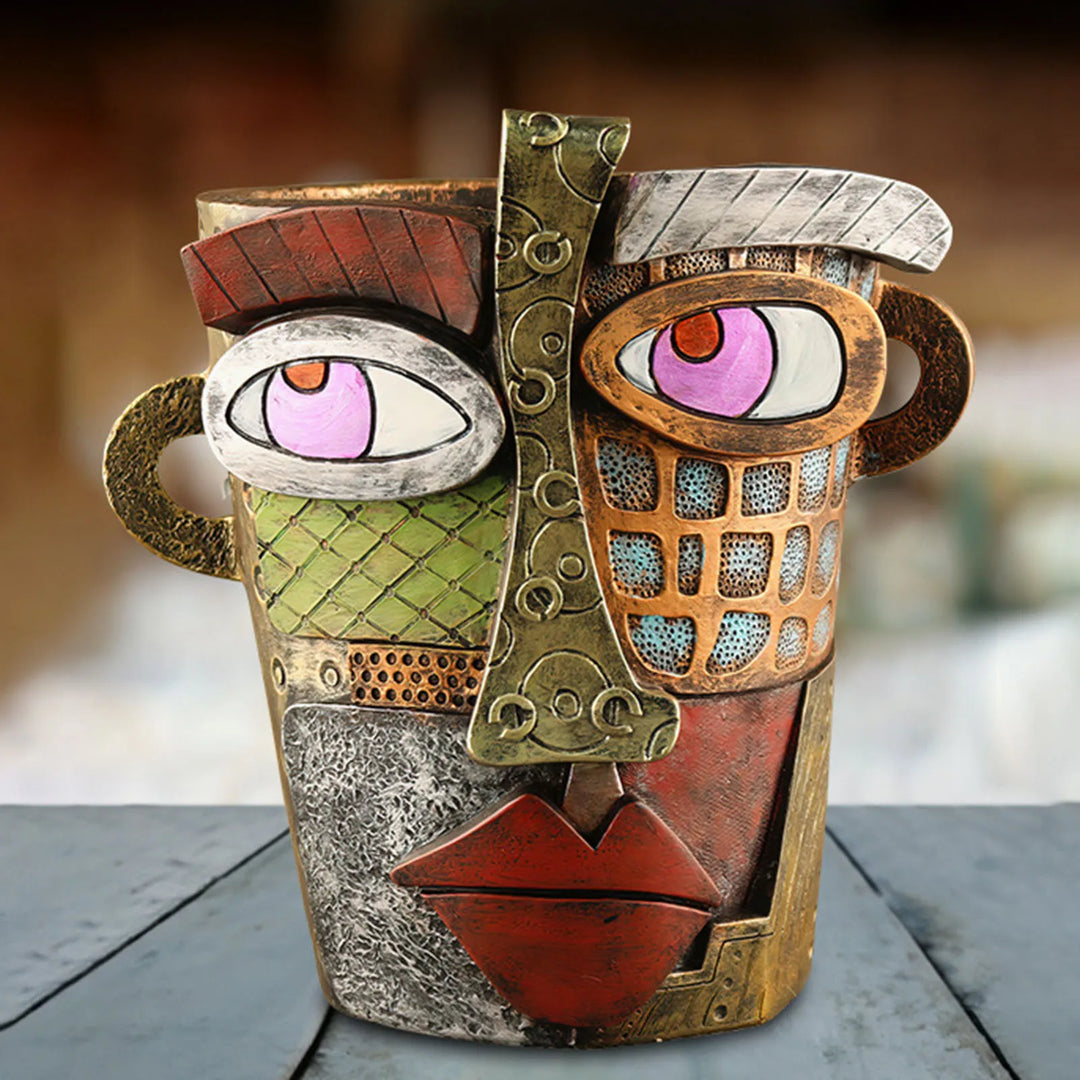 Abstrakter Blumentopf mit menschlichem Gesicht, bunte Kunst, Retro-Stil, Garten-Dekoration.