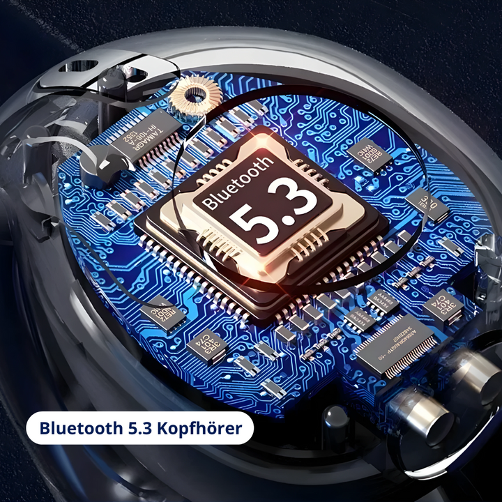 Bluetooth 5.3 Kopfhörer Chip, blaues Schaltungsdesign, moderne Technologie, Nahaufnahme