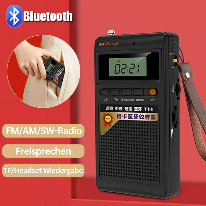 Tragbares Bluetooth-Radio, schwarz, mit FM/AM/SW, Freisprechfunktion, TF/Headset-Anschluss.