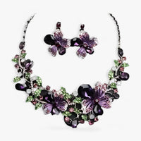 Lila Blumen Halskette und Ohrringe Set, Kristall, Damen Schmuck, elegant, modisch.