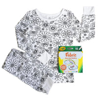 Kinder-Pyjama-Set mit Blumenmuster, weiß, inklusive Crayola-Stoffstifte, zum Ausmalen.