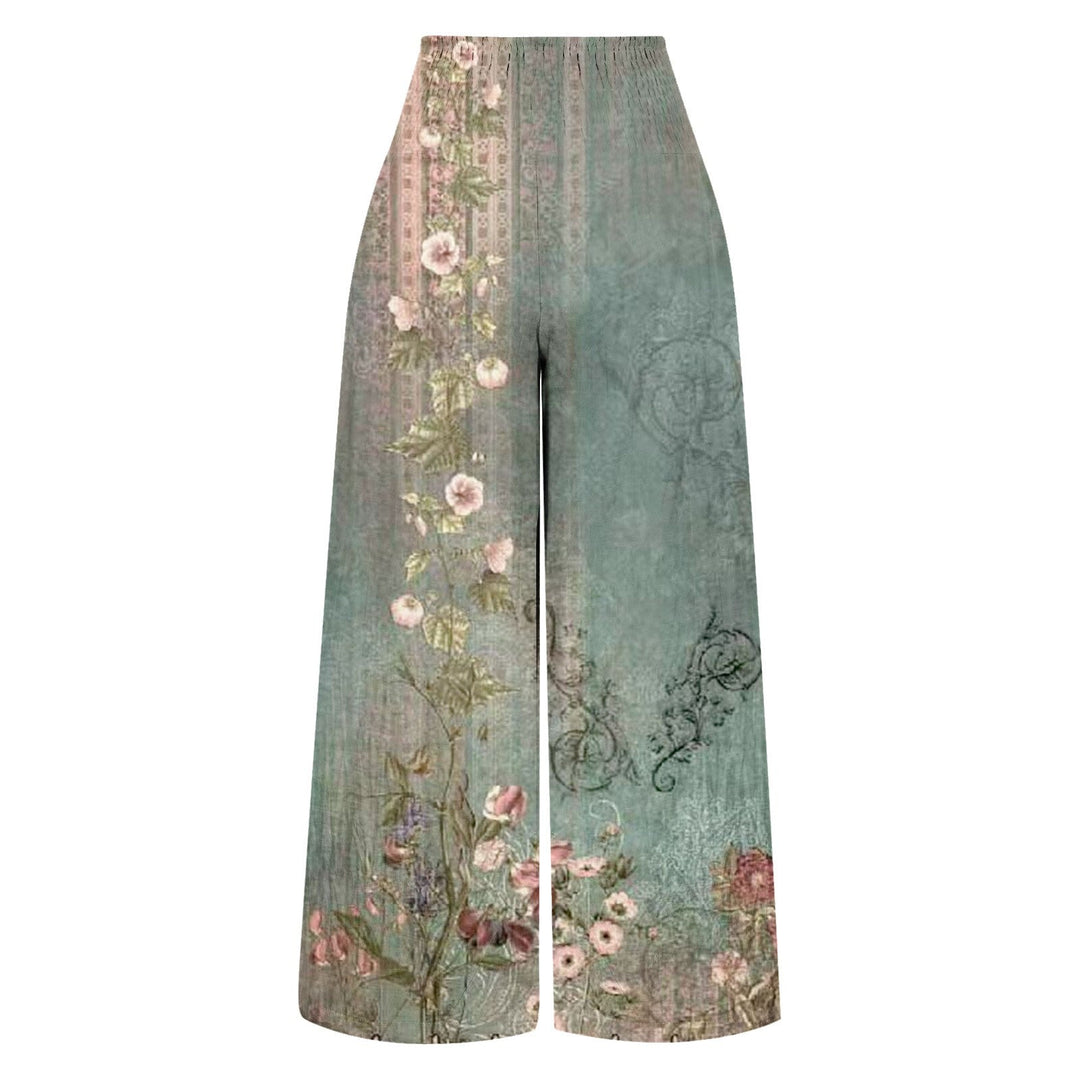 Weite Damenhose mit floralem Muster, grün, Vintage-Stil, bequem, modisch.