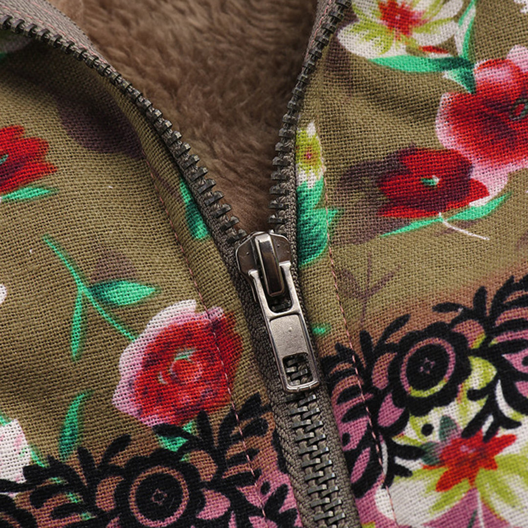 Blumige Damenjacke mit Reißverschluss, olivgrün, Teddyfutter, Kapuze, modisch, warm.
