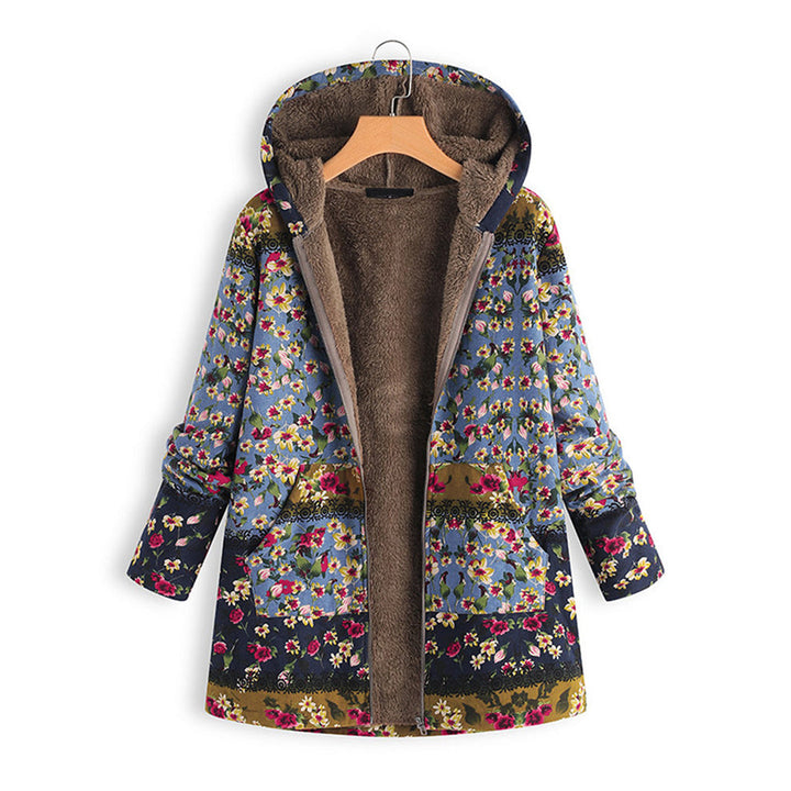 Damen-Langjacke mit Kapuze, florales Muster, Teddyfutter, blau, warm, modisch, Wintermantel.