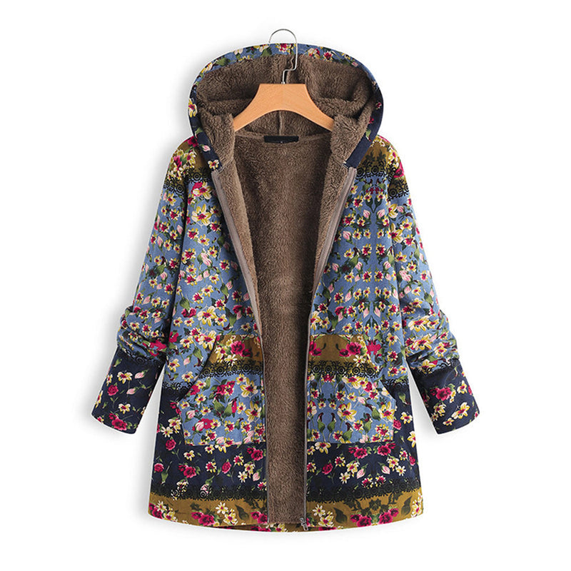 Damen-Langjacke mit Kapuze, florales Muster, Teddyfutter, blau, warm, modisch, Wintermantel.