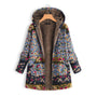 Damen-Langjacke mit Kapuze, florales Muster, Teddyfutter, blau, warm, modisch, Wintermantel.