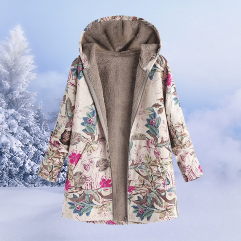 Damen Wintermantel mit Blumenmuster, Kapuze, warmes Futter, beige, Outdoor-Bekleidung.