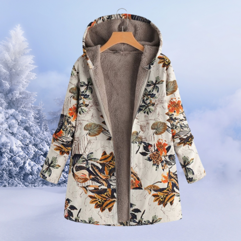 Damen Wintermantel mit Blumenmuster, Kapuze, warmes Futter, beige, Outdoor-Bekleidung.