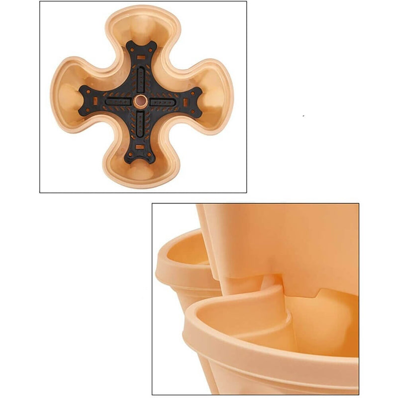 Beige vertikaler Pflanzkübel aus Kunststoff, stapelbar, platzsparend, für Garten oder Balkon.