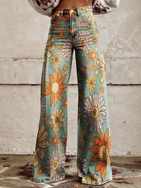 Damen-Jeans mit Blumenmuster, weites Bein, Vintage-Stil, bunt, modisch