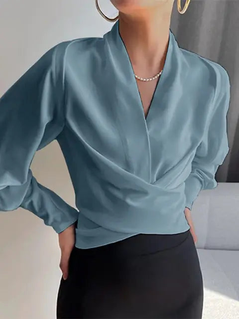 Damenbluse mit Wickeldesign, V-Ausschnitt, lange Puffärmel, elegant, blau, 2023 Mode.
