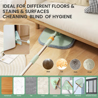 Mopp mit Teleskopstange, ideal für Böden, Eckenreinigung, vielseitig, grün, Holz, Fliesen.