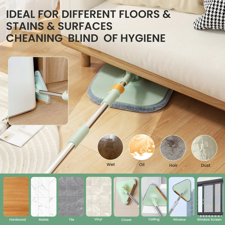 Mopp mit Teleskopstange, ideal für Böden, Eckenreinigung, vielseitig, grün, Holz, Fliesen.