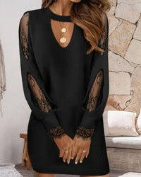 Schwarzes Bodycon Herbstkleid mit Netz und V-Ausschnitt – Selena