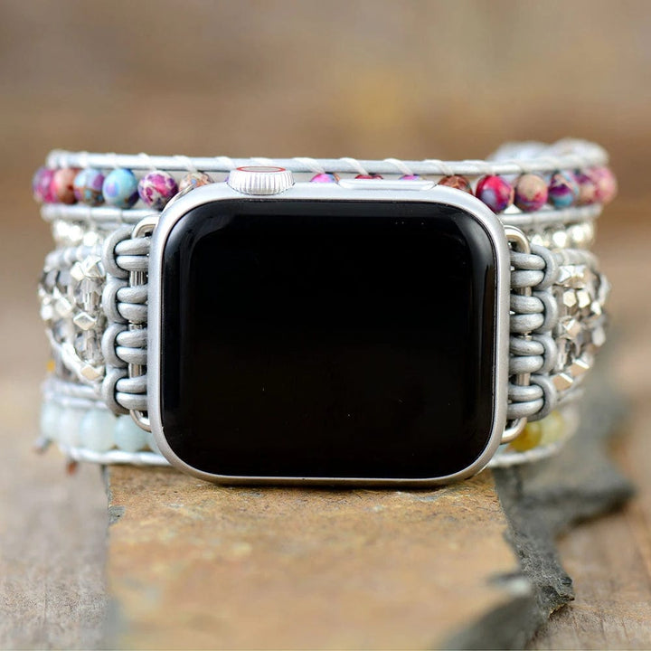 Handgefertigtes Boho Apple Watch Wickelarmband aus Meeresjaspis, mehrfarbig, Damenarmband.
