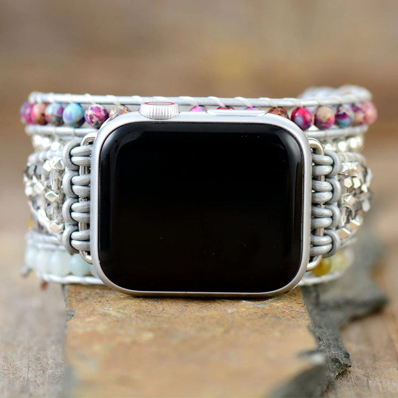 Handgefertigtes Boho Apple Watch Wickelarmband aus Meeresjaspis, mehrfarbig, Damenarmband.