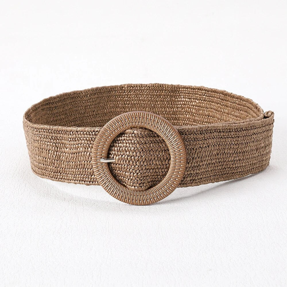 Brauner Boho-Stil Strohgürtel mit runder Schnalle, handgewebt, modisches Accessoire.