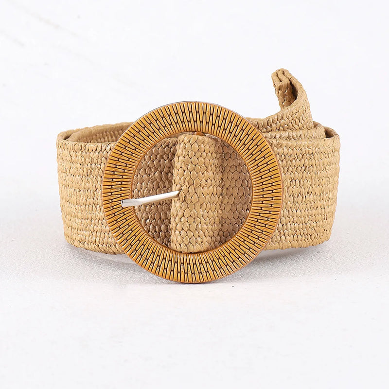 Boho-Stil Strohgürtel, gewebt, beige, runde Schnalle, modisches Accessoire für Damen.