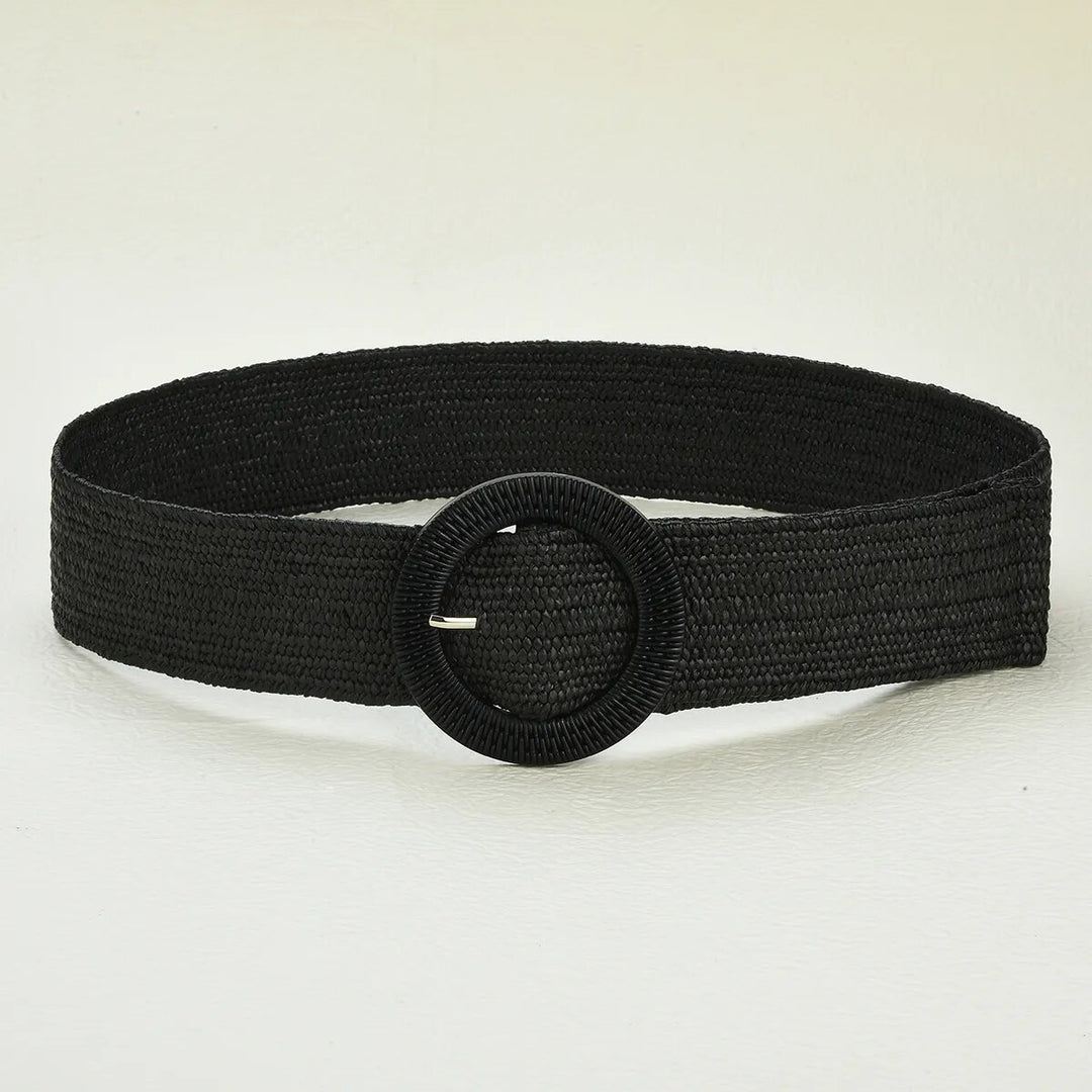 Schwarzer Boho-Stil Strohgürtel mit runder Schnalle, handgewebt, modisches Accessoire.