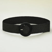 Schwarzer Boho-Stil Strohgürtel mit runder Schnalle, handgewebt, modisches Accessoire.