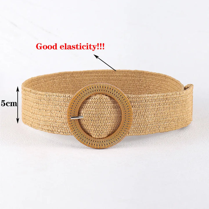 Boho-Stil Strohgürtel, gewebt, beige, runde Schnalle, elastisch, Damenmode Accessoire.