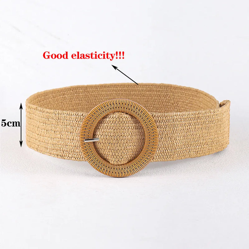Boho-Stil Strohgürtel, gewebt, beige, runde Schnalle, elastisch, Damenmode Accessoire.