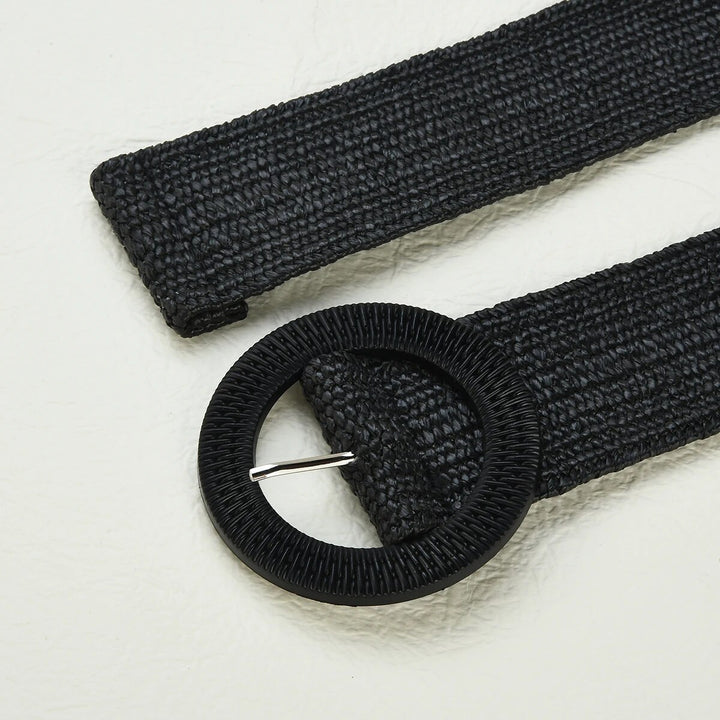 Schwarzer gewebter Strohgürtel mit runder Schnalle, Boho-Stil, modisches Accessoire.