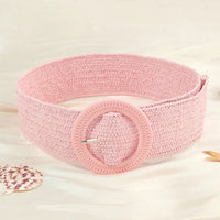 Rosa Boho-Stil Strohgürtel mit runder Schnalle, handgewebt, modisches Accessoire.