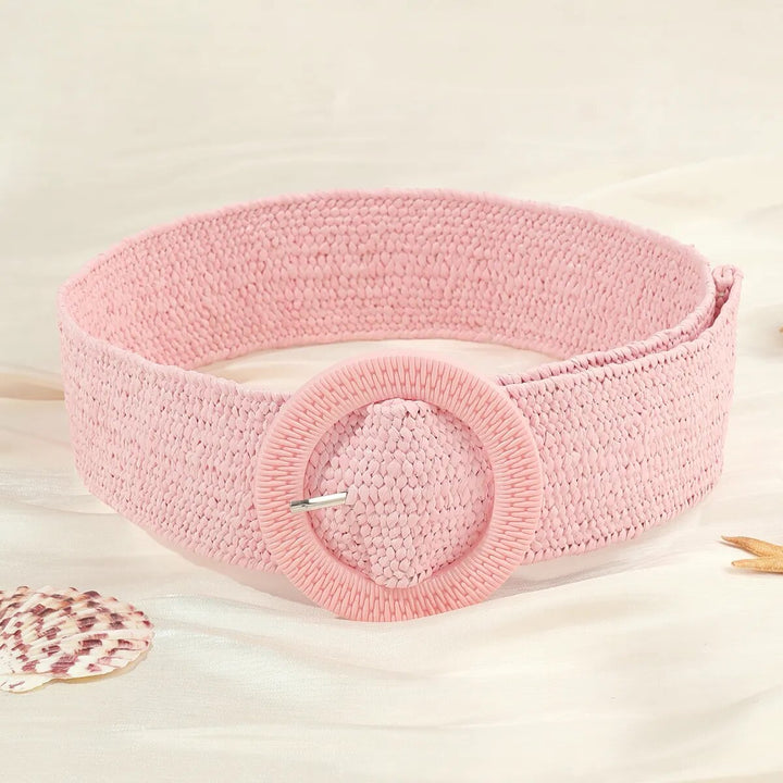 Rosa Boho-Stil Strohgürtel mit runder Schnalle, handgewebt, modisches Accessoire.