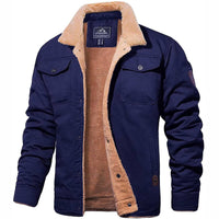 Dunkelblaue Herren-Bomberjacke mit beigem Futter, warm, modisch, Winterbekleidung.