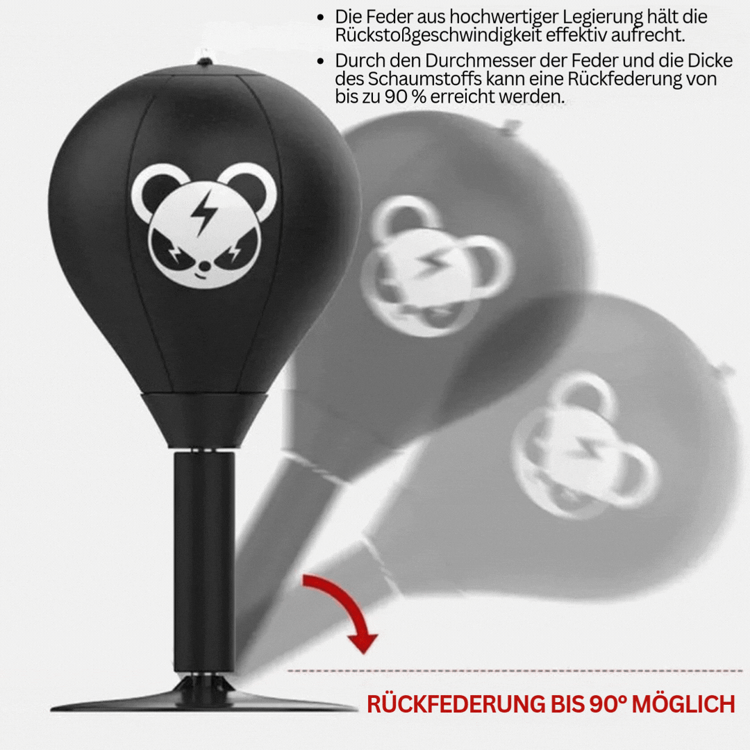 Schwarzer Boxsack mit Panda-Logo, Rückfederung bis 90 Grad, ideal für Boxtraining.