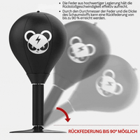 Schwarzer Boxsack mit Panda-Logo, Rückfederung bis 90 Grad, ideal für Boxtraining.