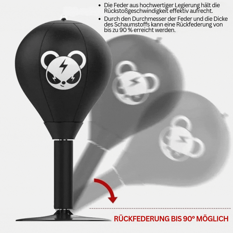 Schwarzer Boxsack mit Panda-Logo, Rückfederung bis 90 Grad, ideal für Boxtraining.