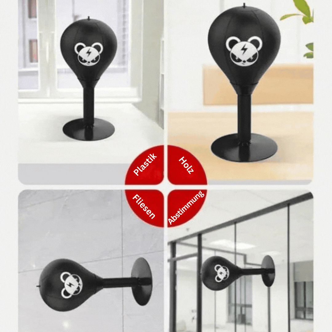 Schwarzer Boxsack aus Kunststoff mit Bärenlogo, geeignet für verschiedene Bodenarten.