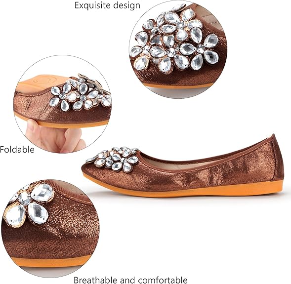 Braune Damen-Ballerinas mit Strass, faltbar, bequem, atmungsaktiv, elegantes Design.