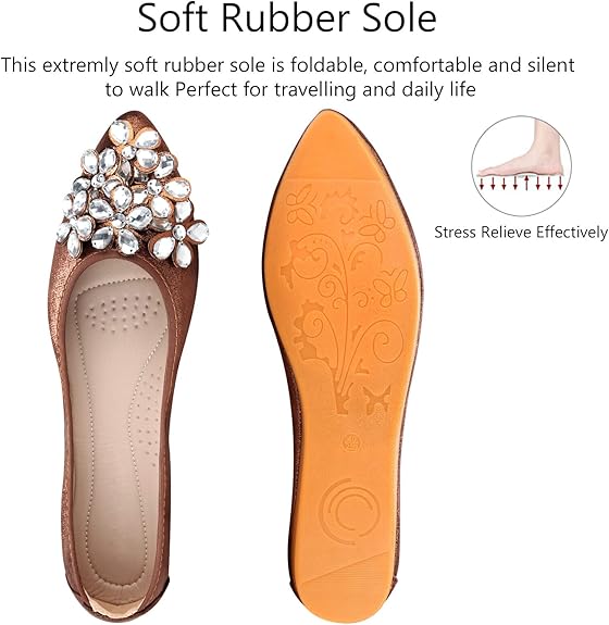 Braune Damenballerinas mit weicher Gummisohle, faltbar, mit Strassverzierung, bequem.