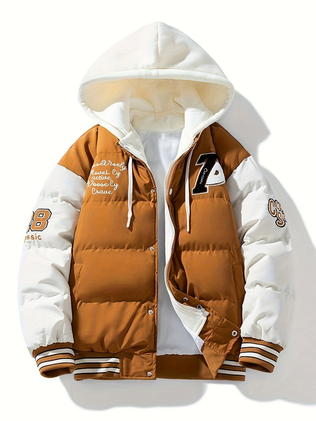 Braune Collegejacke mit weißen Ärmeln, Kapuze, gestickten Patches, sportlicher Stil.