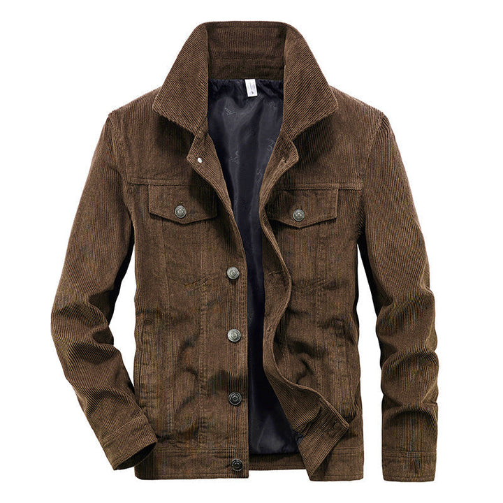 Braune Cordjacke für Herren, Knopfleiste, Herbstmode, lässiger Stil, Vintage-Look.